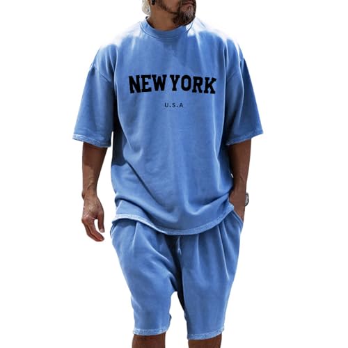 2 Teiliges Sommer Herren Kurzarm Trainingsanzug Zweiteiler T Shirt und Shorts Lockerer Freizeitanzug Bequem Atmungsaktiv Leichtes Outfit Männer Baumwolle Sportanzug Activewear Baggy Loungewear von Udbeksid