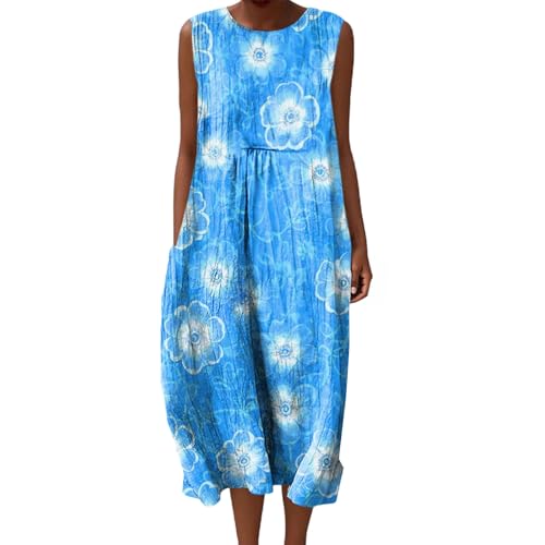 Baumwolle Damen Musselin Kleid Lang Ärmellos Sommerkleid Leinenkleider Sommer Sommerkleider Luftige Leinenkleid Locker Midi Strandkleid Leinen 2025 Vintage Blumendruck Freizeitkleid Knielang Armellos von Udbeksid