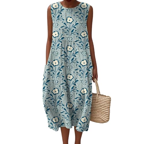 Baumwolle Damen Musselin Kleid Lang Ärmellos Sommerkleid Leinenkleider Sommer Sommerkleider Luftige Leinenkleid Locker Midi Strandkleid Leinen 2025 Vintage Blumendruck Freizeitkleid Knielang Armellos von Udbeksid