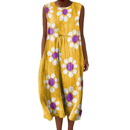 Baumwolle Damen Musselin Kleid Lang Ärmellos Sommerkleid Leinenkleider Sommer Sommerkleider Luftige Leinenkleid Locker Midi Strandkleid Leinen 2025 Vintage Blumendruck Freizeitkleid Knielang Armellos von Udbeksid