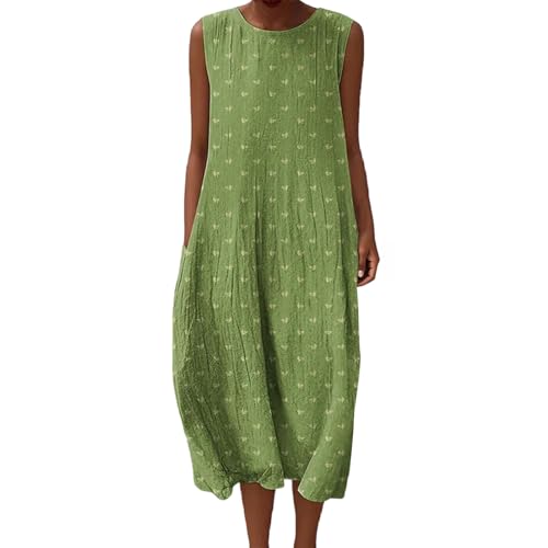 Baumwolle Damen Musselin Kleid Lang Ärmellos Sommerkleid Leinenkleider Sommer Sommerkleider Luftige Leinenkleid Locker Midi Strandkleid Leinen 2025 Vintage Blumendruck Freizeitkleid Knielang Armellos von Udbeksid