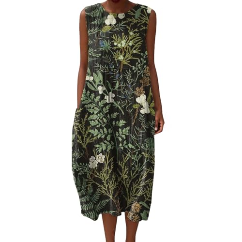 Baumwolle Damen Musselin Kleid Lang Ärmellos Sommerkleid Leinenkleider Sommer Sommerkleider Luftige Leinenkleid Locker Midi Strandkleid Leinen 2025 Vintage Blumendruck Freizeitkleid Knielang Armellos von Udbeksid