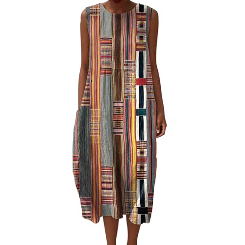 Baumwolle Damen Musselin Kleid Lang Ärmellos Sommerkleid Leinenkleider Sommer Sommerkleider Luftige Leinenkleid Locker Midi Strandkleid Leinen 2025 Vintage Blumendruck Freizeitkleid Knielang Armellos von Udbeksid