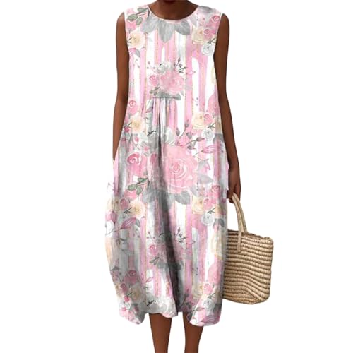 Baumwolle Damen Musselin Kleid Lang Ärmellos Sommerkleid Leinenkleider Sommer Sommerkleider Luftige Leinenkleid Locker Midi Strandkleid Leinen 2025 Vintage Blumendruck Freizeitkleid Knielang Armellos von Udbeksid