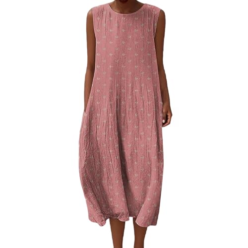 Baumwolle Damen Musselin Kleid Lang Ärmellos Sommerkleid Leinenkleider Sommer Sommerkleider Luftige Leinenkleid Locker Midi Strandkleid Leinen 2025 Vintage Blumendruck Freizeitkleid Knielang Armellos von Udbeksid