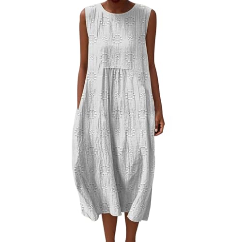 Baumwolle Damen Musselin Kleid Lang Ärmellos Sommerkleid Leinenkleider Sommer Sommerkleider Luftige Leinenkleid Locker Midi Strandkleid Leinen 2025 Vintage Blumendruck Freizeitkleid Knielang Armellos von Udbeksid