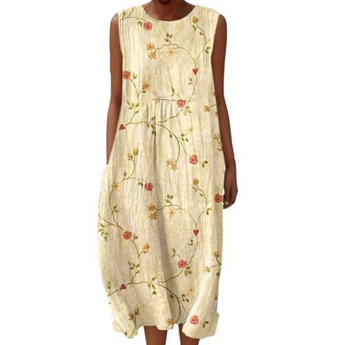 Boho Musselin Sommerkleid Damen Leinenkleid Ärmellos Vintage Blumenkleid mit Taschen Rundhals Tunika Freizeitkleid Baumwolle Luftig Strandkleid Knielang übergröße A-Linien Kleid Falten Leinen Kleids von Udbeksid