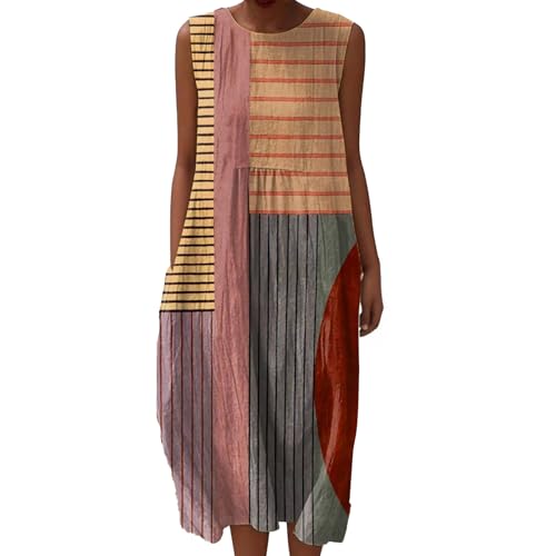 Boho Musselin Sommerkleid Damen Leinenkleid Ärmellos Vintage Blumenkleid mit Taschen Rundhals Tunika Freizeitkleid Baumwolle Luftig Strandkleid Knielang übergröße A-Linien Kleid Falten Leinen Kleids von Udbeksid
