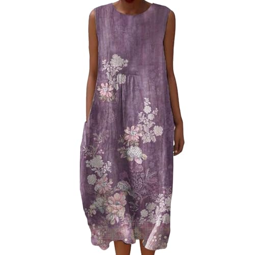 Boho Musselin Sommerkleid Damen Leinenkleid Ärmellos Vintage Blumenkleid mit Taschen Rundhals Tunika Freizeitkleid Baumwolle Luftig Strandkleid Knielang übergröße A-Linien Kleid Falten Leinen Kleids von Udbeksid
