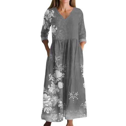 Boho Strandkleid Damen Leicht Langarm V-Ausschnitt mit Taschen Freizeitkleid Vintage Blumendruck Jerseykleid Sommerkleid Locker und Luftig Kleid Knielang 2025 Midikleid Cocktailkleid Partykleid von Udbeksid