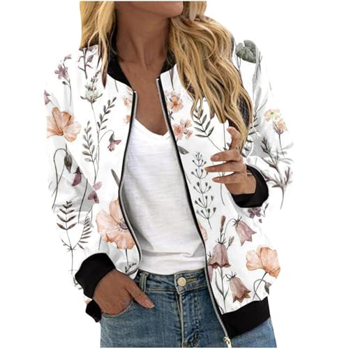 Bomberjacke Damen Frühlingsjacke Blumenmuster Leichte Sommerjacke Sommer Reißverschluss Kurz Pilotenjacke Blouson Jacke Dünne Langarm Übergangsjacke College Jacket Fliegerjacke Damenjacke Sportjacke von Udbeksid