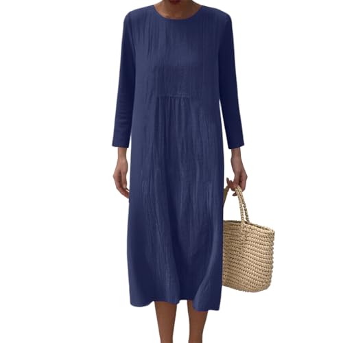 Damen Sommer Strandkleid Sommerkleid Langarm Maxikleider Sommerkleider Boho Langes Freizeitkleid Maxikleid A-Linie Kleid Knielang Leicht und Luftig Leinenkleid Musselin Rundhals Ausschnitt Casual von Udbeksid