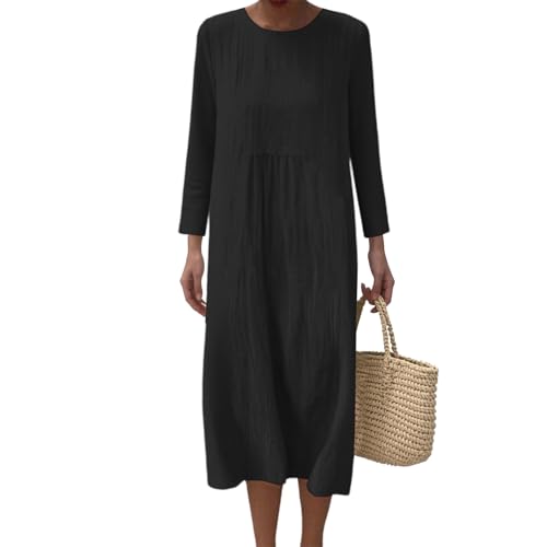 Damen Sommer Strandkleid Sommerkleid Langarm Maxikleider Sommerkleider Boho Langes Freizeitkleid Maxikleid A-Linie Kleid Knielang Leicht und Luftig Leinenkleid Musselin Rundhals Ausschnitt Casual von Udbeksid