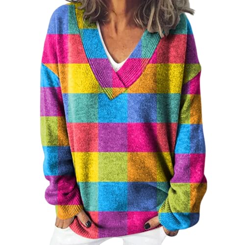 Damen Weihnachtspullover V Ausschnitt Boho Vintage Strickpullover Norweger Pullover Rundhals Herbst Winter Langarm Casual Floral Print Lockerer Strickpulli Übergröße Gestrickt Sweater Oberteil von Udbeksid