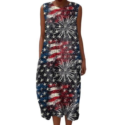 Freizeitkleid Damen Leinen Musselin Sommerkleid Ärmellos Tunika Knielang A-Linie Luftig Locker mit Taschen Baumwollkleid Strand Urlaub Blumendruck Lässig Kleid Falten Vintage Strandkleid Leinenkleid von Udbeksid