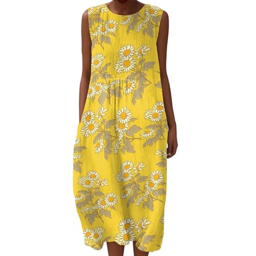 Freizeitkleid Damen Leinen Musselin Sommerkleid Ärmellos Tunika Knielang A-Linie Luftig Locker mit Taschen Baumwollkleid Strand Urlaub Blumendruck Lässig Kleid Falten Vintage Strandkleid Leinenkleid von Udbeksid