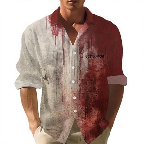 Halloween Kostüm Waffelhemd Herren Blutig Lustiges Printshirt Langarm Hemd Kragen mit Taschen Bloody T-Shirt Print Oversized Gruselig Blutiges Fun-Tops Shirts 2025 Button Down Freizeithemden von Udbeksid