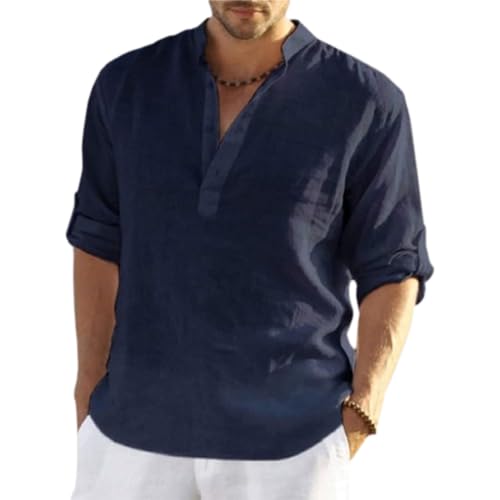 Herren Sommerhemd Baumwolle Leinen Langarm Hemd Herren Henley-Kragen Lässiges Regular Fit Shirts Leinenhemd Herren Hemd von Udbeksid