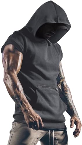 Herren Tank Top mit Kapuze Ärmelloser Muskelshirt Workout Sport Fitness Hoodie Sommer Gym Bodybuilding Shirt Tanktop Schwarz Leicht Trägershirt Unterhemden mit Handytaschen von Udbeksid