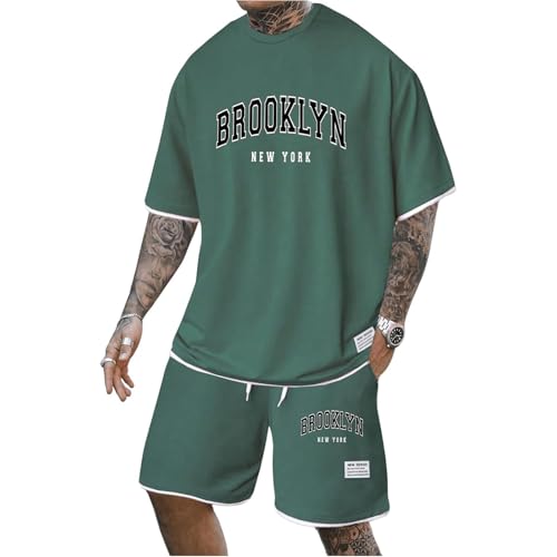 Herren Trainingsanzug Set Sommer Sportanzug 2 Teiliges Outfit Sport Set Kurzarm T-Shirt + Kurze Hose Sets Freizeitanzug Männer Rundhals Oberteile Shorts Jogginganzug Zweiteiliges Top und Kurz Hose von Udbeksid