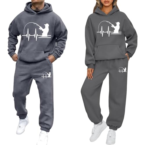 Jogginganzug Unisex Paar 2 teiliges Activewear Set Y2K Pullover Hoodie+Joggerhose 2025 Angeln herzförmige Kurve Print Valentinstag Lose Tracksuit Trainingsanzug Freizeitanzug Sweatshirt Zweiteiliger von Udbeksid