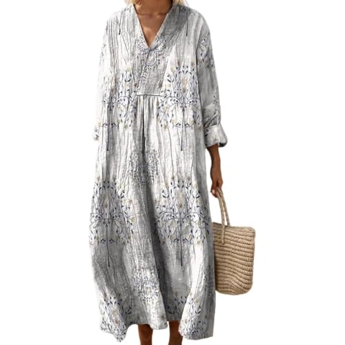 Kleid Gestreift Damen Sommer Boho Lang Strandkleid Hippie Knielang Kleidung Sommerkleid Luftig V-Ausschnitt Freizeitkleid Lockeres Locker und Leicht Langarm A-Linie 2025 Blumendruck Leinenkleid von Udbeksid