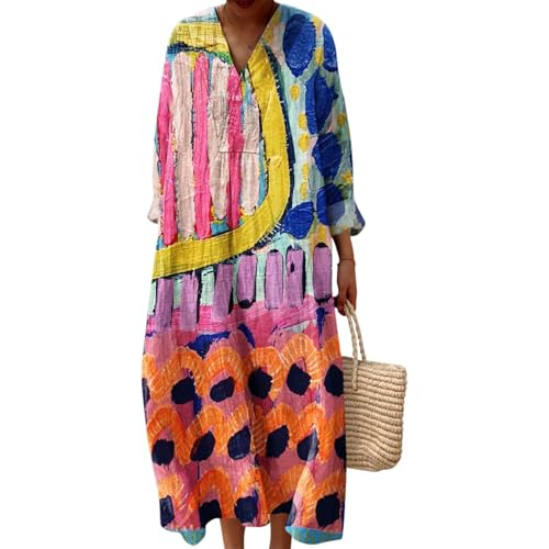 Kleid Gestreift Damen Sommer Boho Lang Strandkleid Hippie Knielang Kleidung Sommerkleid Luftig V-Ausschnitt Freizeitkleid Lockeres Locker und Leicht Langarm A-Linie 2025 Blumendruck Leinenkleid von Udbeksid