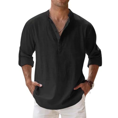 Leinenhemd Herren Hemd Kurzarm Leinenshirt Freizeithemd Businesshemd Sommer Casual Regular Fit Shirt Langarm Henley Baumwolle Button Down Freizeithemden Strand Stehkragen Leinen Sommerhemd von Udbeksid
