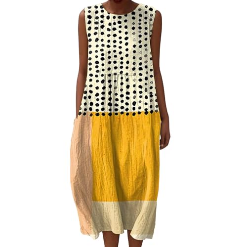 Leinenkleid Damen Sommer Ärmellos Musselin Strandkleid Boho Blumendruck Knielang Rundhals Tunika Freizeitkleid mit Taschen Luftiges Baumwollkleid Übergröße A-Linie Kleid Falten Leinen Sommerkleid von Udbeksid