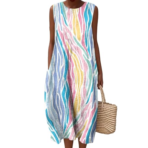 Leinenkleid Damen Sommer Ärmellos Musselin Strandkleid Boho Blumendruck Knielang Rundhals Tunika Freizeitkleid mit Taschen Luftiges Baumwollkleid Übergröße A-Linie Kleid Falten Leinen Sommerkleid von Udbeksid