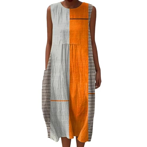 Leinenkleid Damen Sommer Ärmellos Musselin Strandkleid Boho Blumendruck Knielang Rundhals Tunika Freizeitkleid mit Taschen Luftiges Baumwollkleid Übergröße A-Linie Kleid Falten Leinen Sommerkleid von Udbeksid