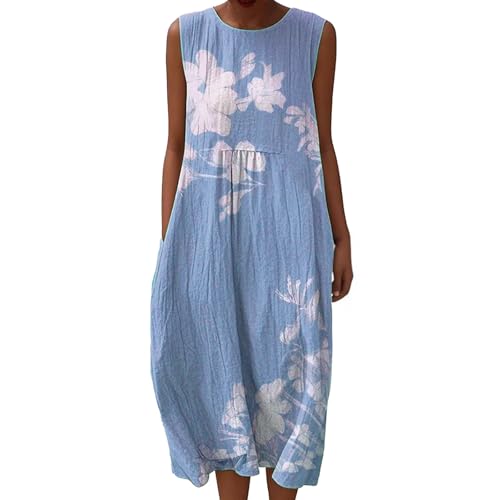 Leinenkleider Damen Sommer Sommerkleid Baumwolle Luftige Sommerkleider Lang Locker Musselin Kleid Leinenkleid Ärmellos Midi Strandkleid Leinen Rundhals Casual Vintage Blumendruck Freizeitkleid von Udbeksid