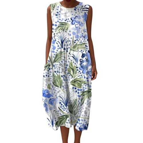 Leinenkleider Damen Sommerkleid Baumwolle Luftige Sommerkleider Lang Leinenkleid Ärmellos Sommer Locker Musselin Kleid Midi Strandkleid Leinen 2025 Vintage Blumendruck Freizeitkleid Baumwollkleid von Udbeksid