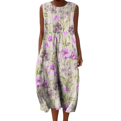 Leinenkleider Damen Sommerkleid Baumwolle Luftige Sommerkleider Lang Leinenkleid Ärmellos Sommer Locker Musselin Kleid Midi Strandkleid Leinen 2025 Vintage Blumendruck Freizeitkleid Baumwollkleid von Udbeksid