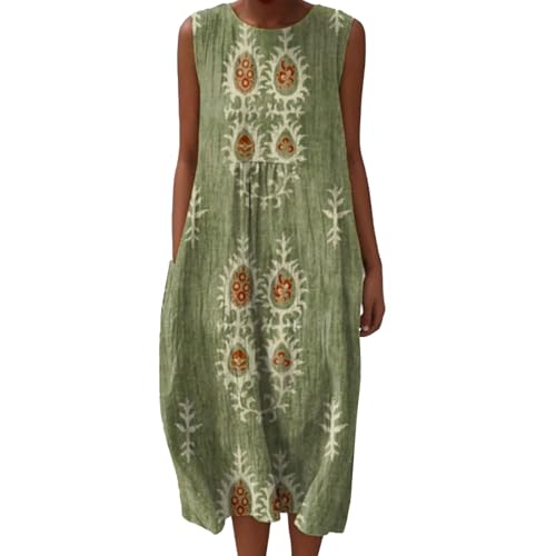 Musselin Falten Rundhals Vintage Blumendruck Strandkleids Damen Sommerkleid Baumwolle Leinen Tunika Ärmellos Casual Kleid Rundhalsausschnitt Knielang Boho Leinenkleid Luftig mit Taschen Freizeitkleid von Udbeksid