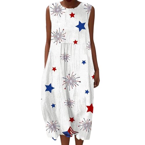 Musselin Falten Rundhals Vintage Blumendruck Strandkleids Damen Sommerkleid Baumwolle Leinen Tunika Ärmellos Casual Kleid Rundhalsausschnitt Knielang Boho Leinenkleid Luftig mit Taschen Freizeitkleid von Udbeksid