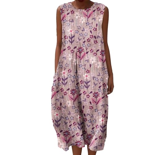 Musselin Falten Rundhals Vintage Blumendruck Strandkleids Damen Sommerkleid Baumwolle Leinen Tunika Ärmellos Casual Kleid Rundhalsausschnitt Knielang Boho Leinenkleid Luftig mit Taschen Freizeitkleid von Udbeksid