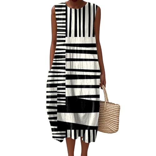 Musselin Falten Rundhals Vintage Blumendruck Strandkleids Damen Sommerkleid Baumwolle Leinen Tunika Ärmellos Casual Kleid Rundhalsausschnitt Knielang Boho Leinenkleid Luftig mit Taschen Freizeitkleid von Udbeksid