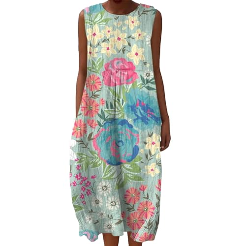 Sommerkleid Damen Baumwolle Luftige Sommerkleider Lang Leinenkleider Sommer Locker Musselin Kleid Leinenkleid Ärmellos Midi Strandkleid Leinen Rundhals Casual Vintage Blumendruck Freizeitkleid von Udbeksid