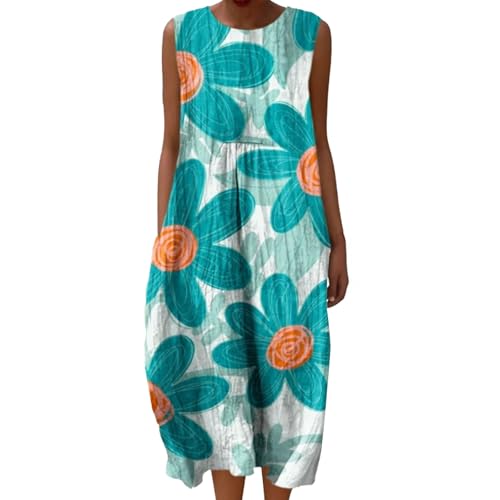 Sommerkleid Damen Baumwolle Luftige Sommerkleider Lang Leinenkleider Sommer Locker Musselin Kleid Leinenkleid Ärmellos Midi Strandkleid Leinen Rundhals Casual Vintage Blumendruck Freizeitkleid von Udbeksid