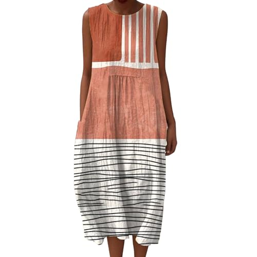 Sommerkleid Damen Luftiges Leinenkleid Musselin Knielang Ärmellos Rundhals Blumendruck A-Linie Freizeitkleid Baumwolle Boho Leichtes Kleid Falten Leinen Casual Vintage Strandkleid mit Taschen von Udbeksid
