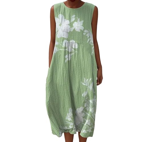 Sommerkleid Damen Luftiges Leinenkleid Musselin Knielang Ärmellos Rundhals Blumendruck A-Linie Freizeitkleid Baumwolle Boho Leichtes Kleid Falten Leinen Casual Vintage Strandkleid mit Taschen von Udbeksid
