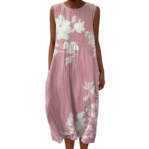 Sommerkleid Damen Luftiges Leinenkleid Musselin Knielang Ärmellos Rundhals Blumendruck A-Linie Freizeitkleid Baumwolle Boho Leichtes Kleid Falten Leinen Casual Vintage Strandkleid mit Taschen von Udbeksid
