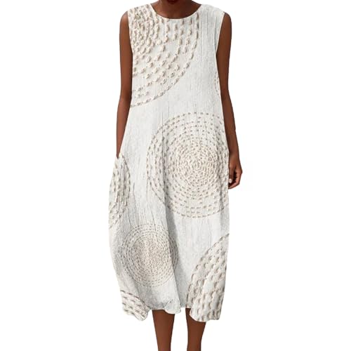Sommerkleid Damen Luftiges Leinenkleid Musselin Knielang Ärmellos Rundhals Blumendruck A-Linie Freizeitkleid Baumwolle Boho Leichtes Kleid Falten Leinen Casual Vintage Strandkleid mit Taschen von Udbeksid