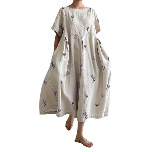 Sommerkleid Damen Sommer Blumen Print Lange Blusenkleid Tunika Große Größen Rundhals Short Ärmel Strandkleider Casual Maxikleid Freizeitkleider Kleid 2025 Boho Leinenoptik Lockeres Strandkleid von Udbeksid