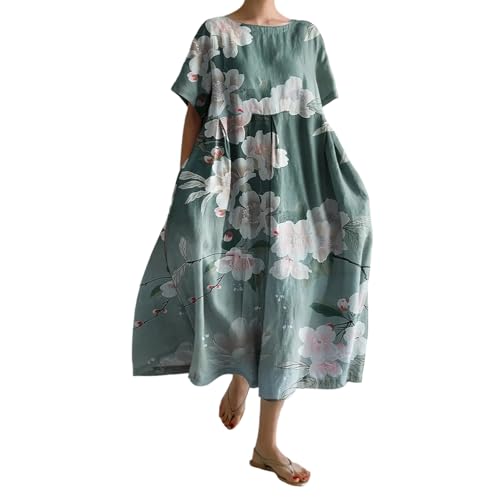 Sommerkleid Damen Sommer Blumen Print Lange Blusenkleid Tunika Große Größen Rundhals Short Ärmel Strandkleider Casual Maxikleid Freizeitkleider Kleid 2025 Boho Leinenoptik Lockeres Strandkleid von Udbeksid
