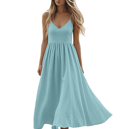 Sommerkleid Damen Spaghettiträger Lang Maxikleid Elegant Strandkleid Ärmellos A-Linie Freizeitkleid V-Ausschnitt Kleid Knielang Leicht und Luftiges Fließend Boho Urlaub Leinen Baumwolle Leinenkleid von Udbeksid