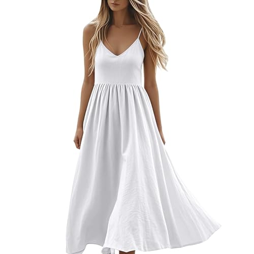 Sommerkleid Damen Spaghettiträger Lang Maxikleid Elegant Strandkleid Ärmellos A-Linie Freizeitkleid V-Ausschnitt Kleid Knielang Leicht und Luftiges Fließend Boho Urlaub Leinen Baumwolle Leinenkleid von Udbeksid