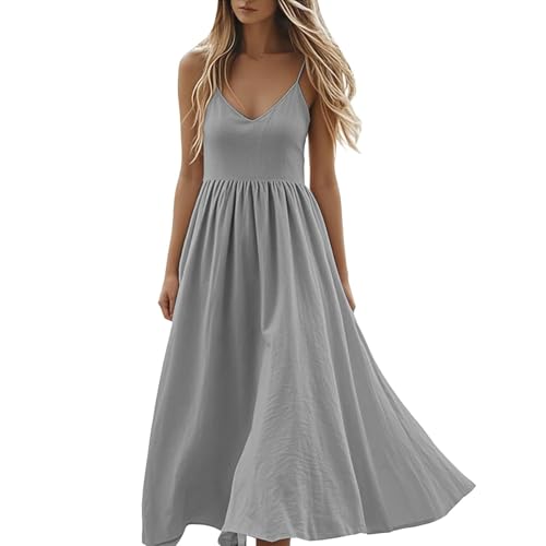 Sommerkleid Damen Spaghettiträger Lang Maxikleid Elegant Strandkleid Ärmellos A-Linie Freizeitkleid V-Ausschnitt Kleid Knielang Leicht und Luftiges Fließend Boho Urlaub Leinen Baumwolle Leinenkleid von Udbeksid