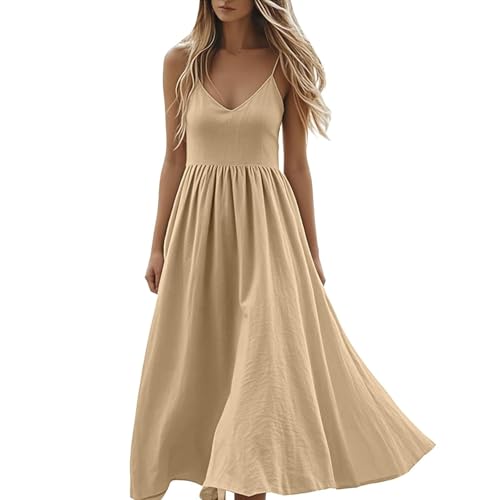Sommerkleid Damen Spaghettiträger Lang Maxikleid Elegant Strandkleid Ärmellos A-Linie Freizeitkleid V-Ausschnitt Kleid Knielang Leicht und Luftiges Fließend Boho Urlaub Leinen Baumwolle Leinenkleid von Udbeksid